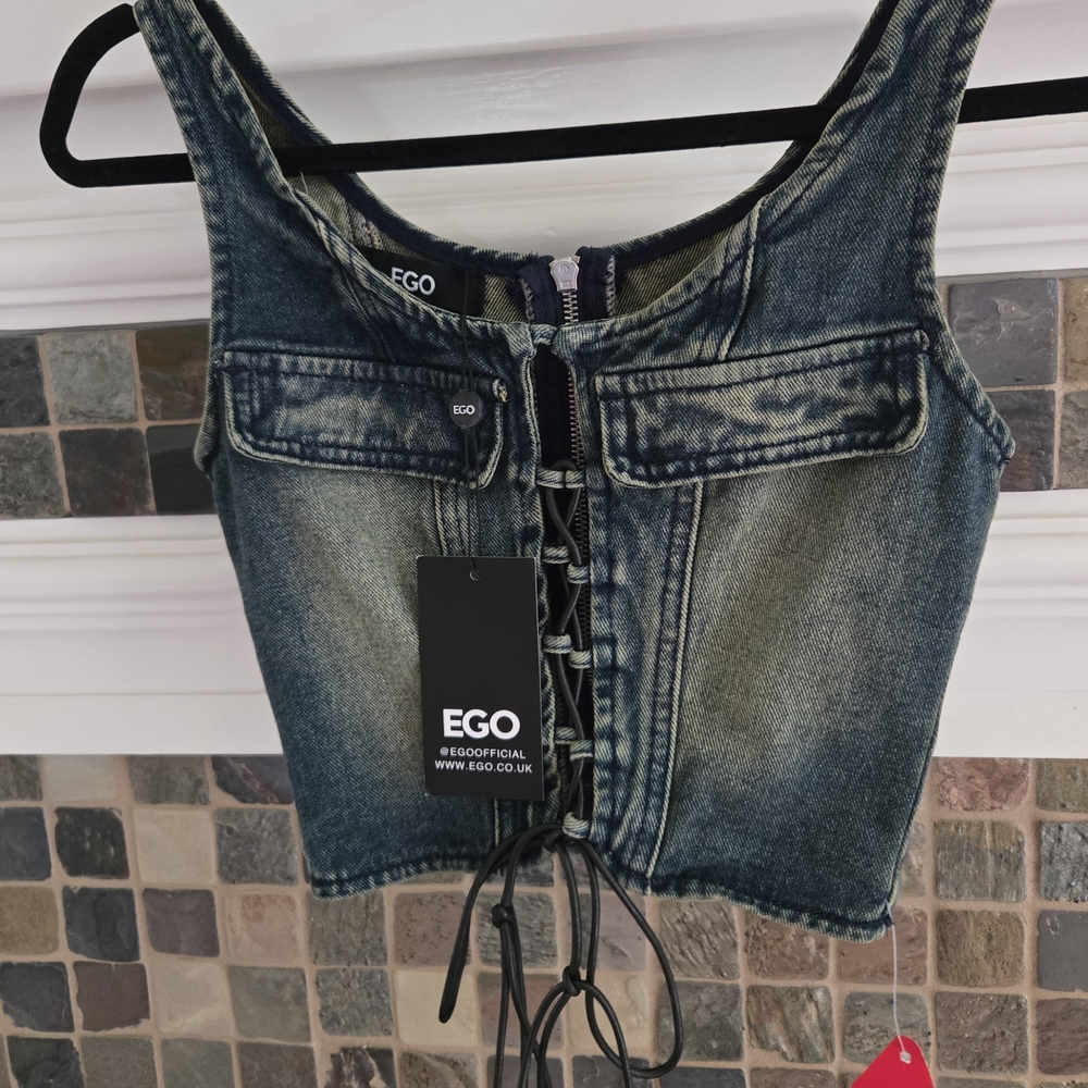EGO Blue Sleeveless Tie Front Crop Top
